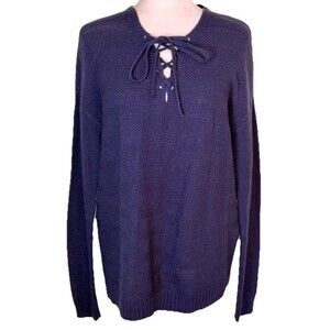 Women’s Navy Lace Up Knit Sweater Slouchy Chunky Cozy Fall/Winter Top Size Med